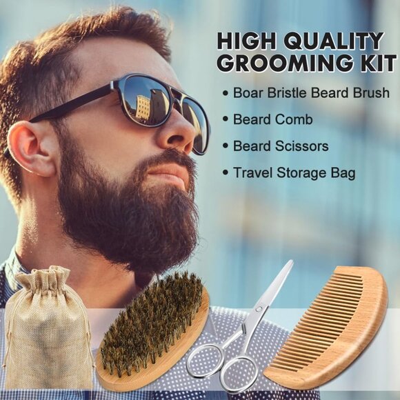 NEW Beard Kit for Men Grooming Beard Oil Wash Balm Comb Brush Scissor Father's D - Picture 2 of 15